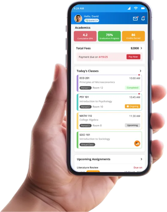 Hand holding smartphone displaying a student academic app showing GPA, graduation progress, fees, today's classes, and assignment due dates.