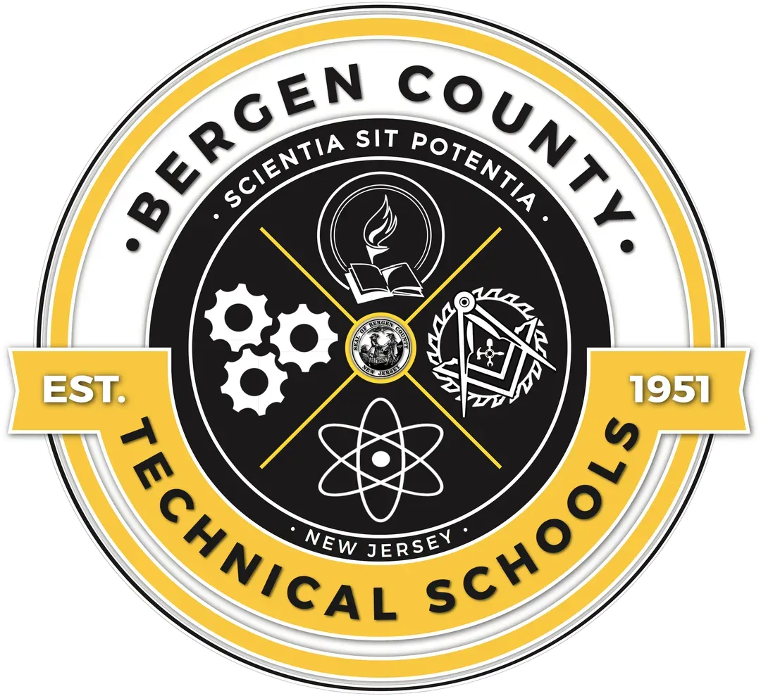 Seal of Bergen County Technical Schools with symbols of education, engineering, and science.