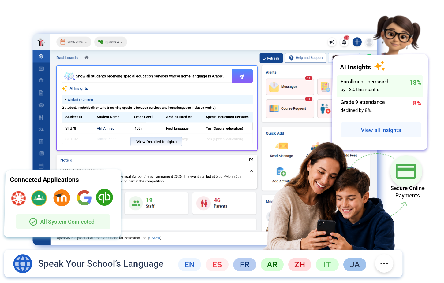 School dashboard showing AI insights, connected apps logos, language options, and a mother with her child using a phone.