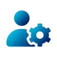Blue icon of a person silhouette with a gear symbol representing user settings or admin controls.