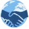 Blue and white circular icon with a handshake below a globe representing global trust.