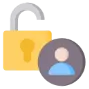 Yellow padlock with an open shackle and a user profile icon.