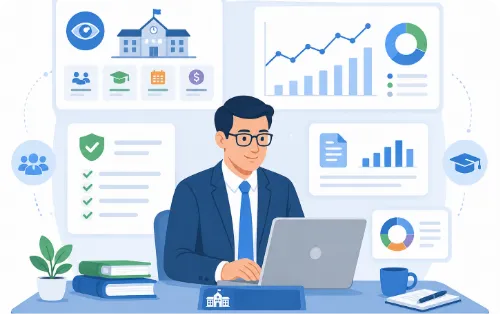 Man in suit working on laptop with charts, graphs, and icons displayed behind him.