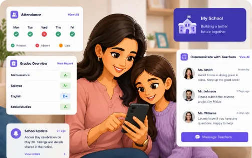 Mother and daughter looking at a phone with attendance, grades, updates, and teacher messages shown.