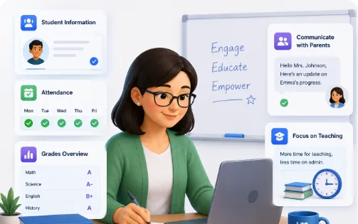 Teacher with glasses working on a laptop with student info and teaching tools on screen and board.