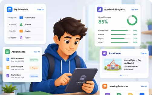 Student in blue hoodie using a tablet surrounded by schedule, assignments, progress, news, and resources panels.
