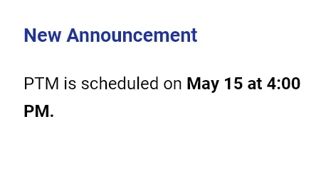 Notice with New Announcement: PTM is scheduled for May 15 at 4:00 PM in bold text.