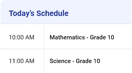 Schedule showing 10:00 AM Mathematics Grade 10 and 11:00 AM Science Grade 10 classes.