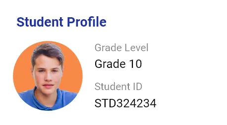 Student profile card showing a teenage boy with Grade 10 and student ID STD324234.