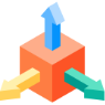 Orange cube with three arrows pointing up, left, and right in blue, yellow, and green.