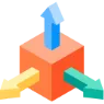 Orange cube with three arrows pointing up, left, and right in blue, yellow, and green.