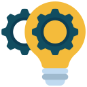 Yellow lightbulb with blue gears inside, symbolizing innovation or ideas.