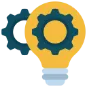 Yellow lightbulb with blue gears inside, symbolizing innovation or ideas.