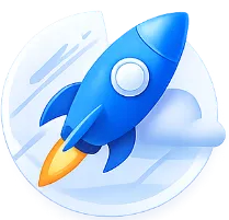 Blue rocket with orange flames launching against a light blue circular background with clouds.