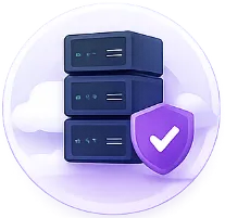 Three stacked server units with a purple shield showing a white checkmark.