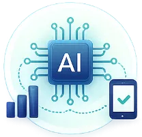 AI chip connected to digital graph bars and smartphone with a checkmark on screen.