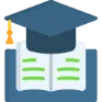 Icon of a graduation cap above an open book with green lines representing text.