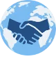 Blue and white globe with two hands shaking in front symbolizing trust and partnership.