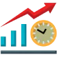 Blue bar chart with red upward arrow and a clock, symbolizing increased uptime or performance over time.