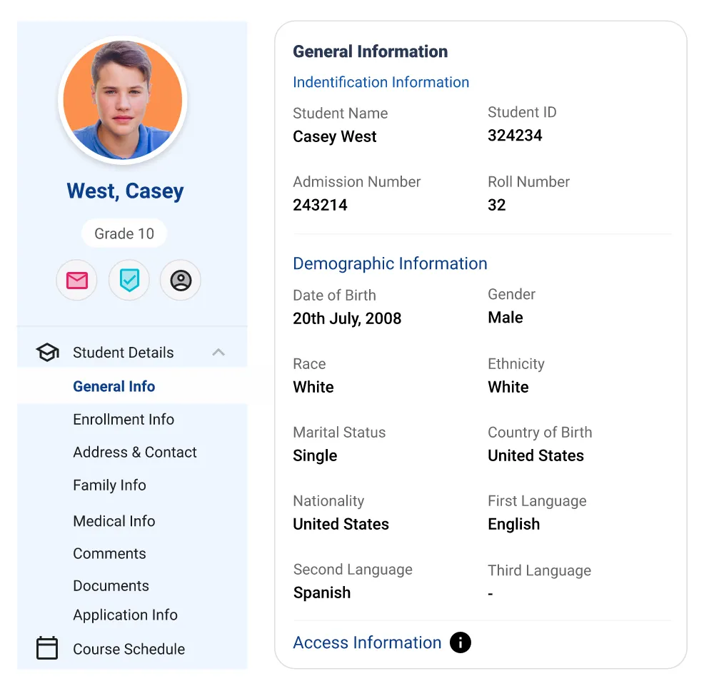 Student profile for Casey West, Grade 10, with demographics, ID, languages, and contact icons.
