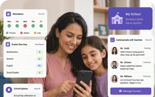 Mother and daughter looking at smartphone with school app showing grades, attendance, and teacher messages.
