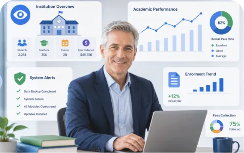 Smiling man in suit using laptop with educational dashboard showing performance and enrollment data.