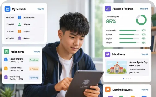 Student using tablet with on-screen schedule, assignments, academic progress, and school news widgets.