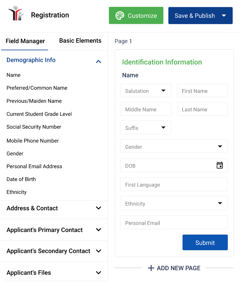 Registration form interface with fields for name, gender, DOB, language, ethnicity, and personal email plus menu categories.
