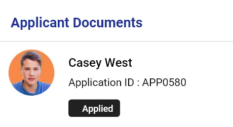Applicant Casey West with Application ID APP0580 and status labeled Applied in a black button.