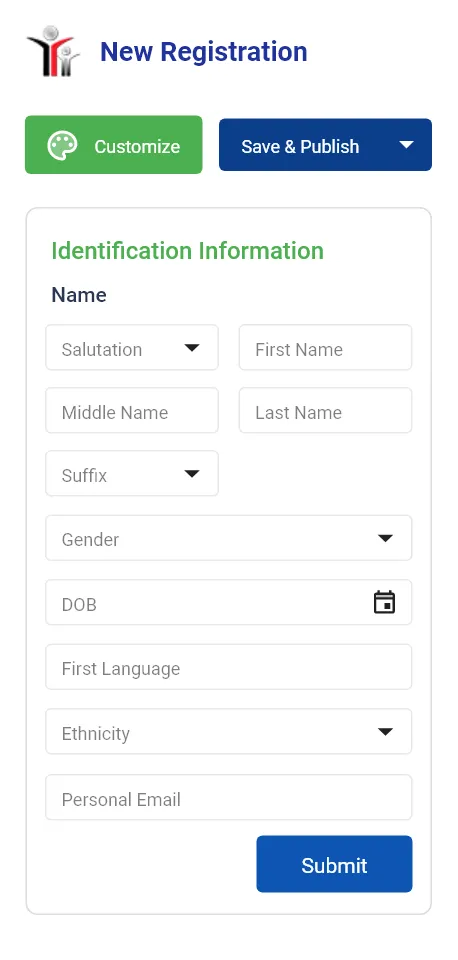 New Registration form with fields for name, salutation, suffix, gender, DOB, language, ethnicity, email, and a submit button.