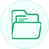 Green outline of an open folder with a document inside on a light circular background.