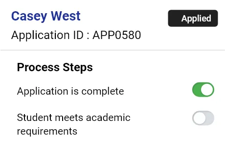 Application status for Casey West showing Application ID APP0580 and process steps with one toggle on and one off.