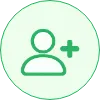 Green user profile icon with a plus sign inside a light green circle.