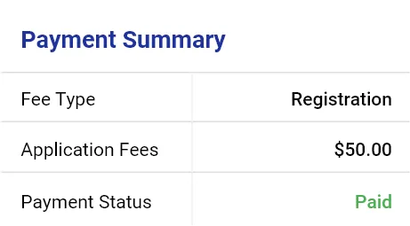 Payment summary shows registration fee $50 and payment status as paid in green.