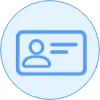 Blue circular icon with a white ID card showing a user profile silhouette and lines.