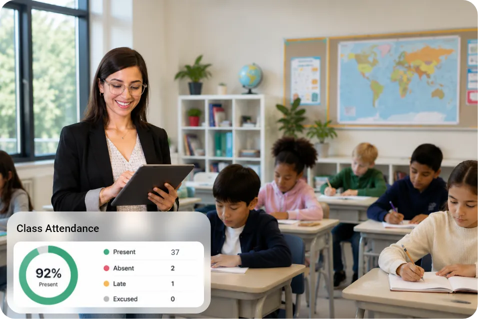 Teacher with tablet in classroom with students writing at desks and attendance chart showing 92% present.