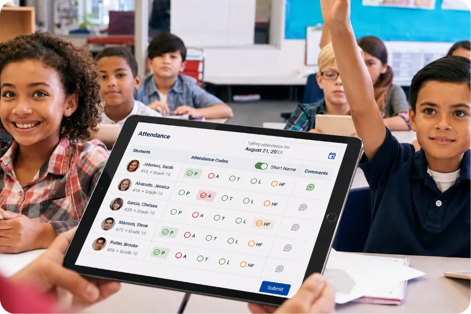 Tablet screen showing digital attendance for five Grade 10 students in classroom with attentive kids.