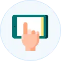 Hand touching a tablet screen held horizontally with a blue and yellow display.