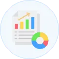 Document with colorful bar chart and pie chart icon symbolizing reports and data automation.