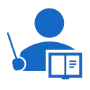 Blue icon of a teacher holding a pointer with a window symbol overlapping their right side.