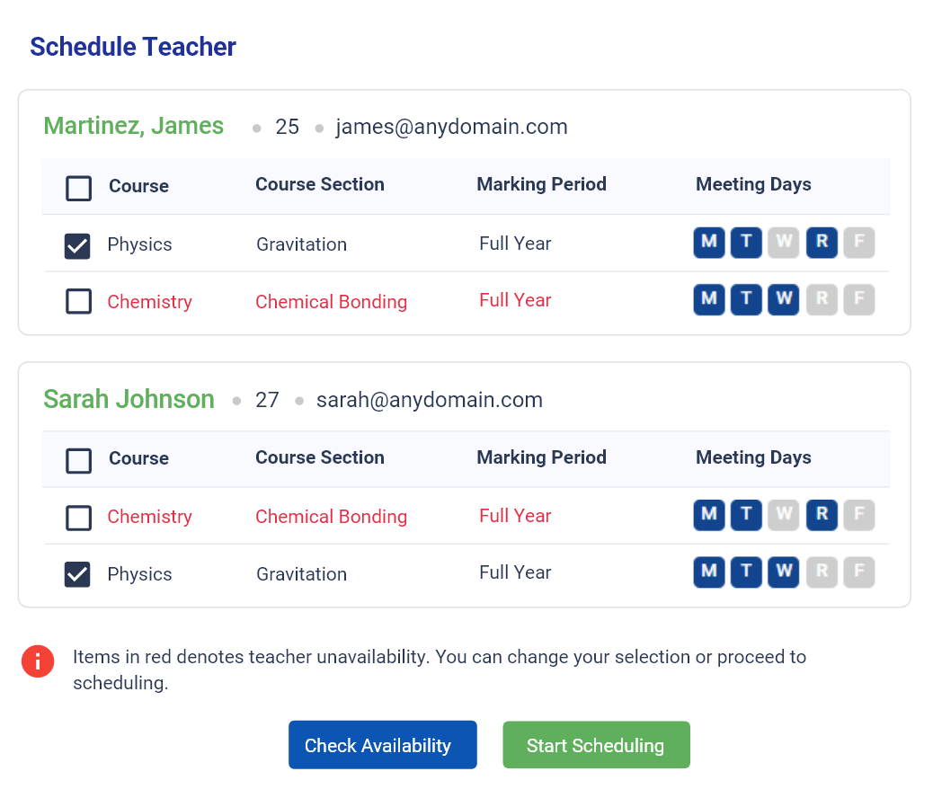 Schedule for two teachers showing course selections, marking periods, meeting days, and unavailability in red text.
