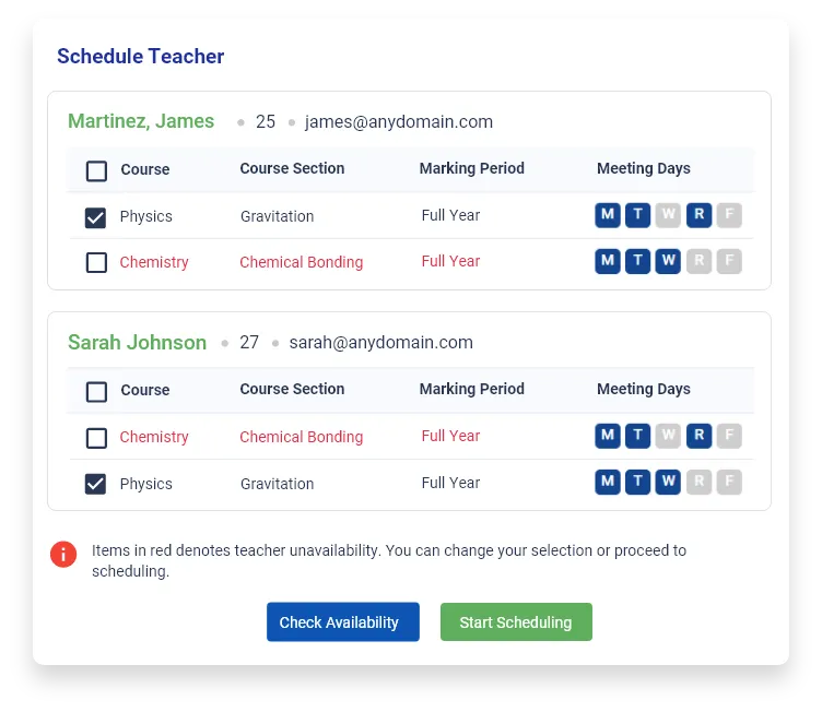 Schedule for two teachers showing course selections, marking periods, meeting days, and unavailability in red text.