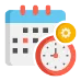 Calendar with a stopwatch and a gear icon representing scheduling or configuration.
