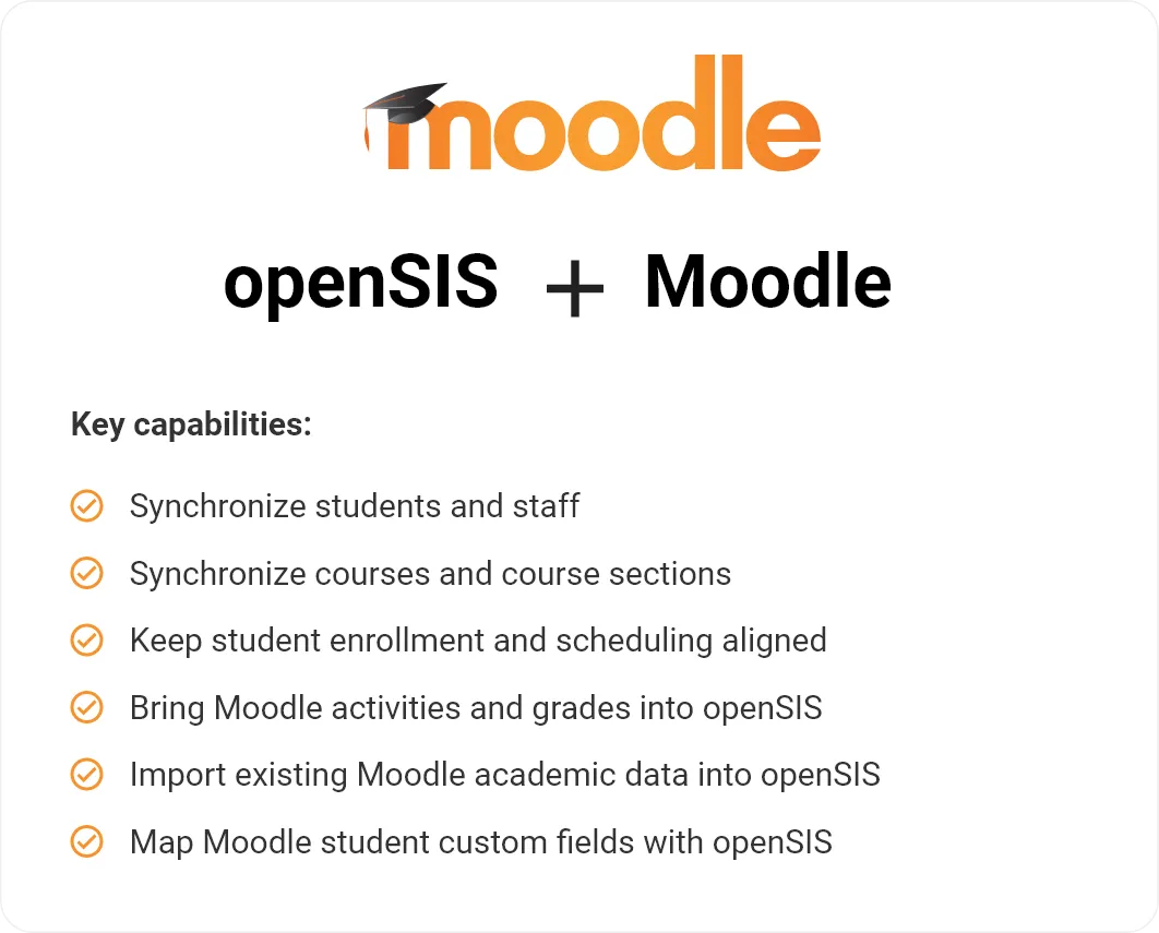 Moodle logo with openSIS + Moodle and bullet points outlining key synchronization and data integration capabilities.