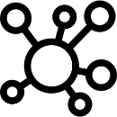 Black connected nodes icon with one central circle linked to smaller circles around it.