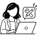 Illustration of a woman with a laptop and a speech bubble containing a wrench and screwdriver.