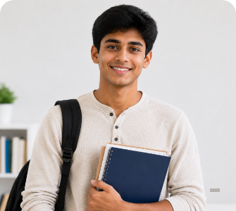 Smiling young man with black backpack holding notebooks, standing indoors in a light-colored room.