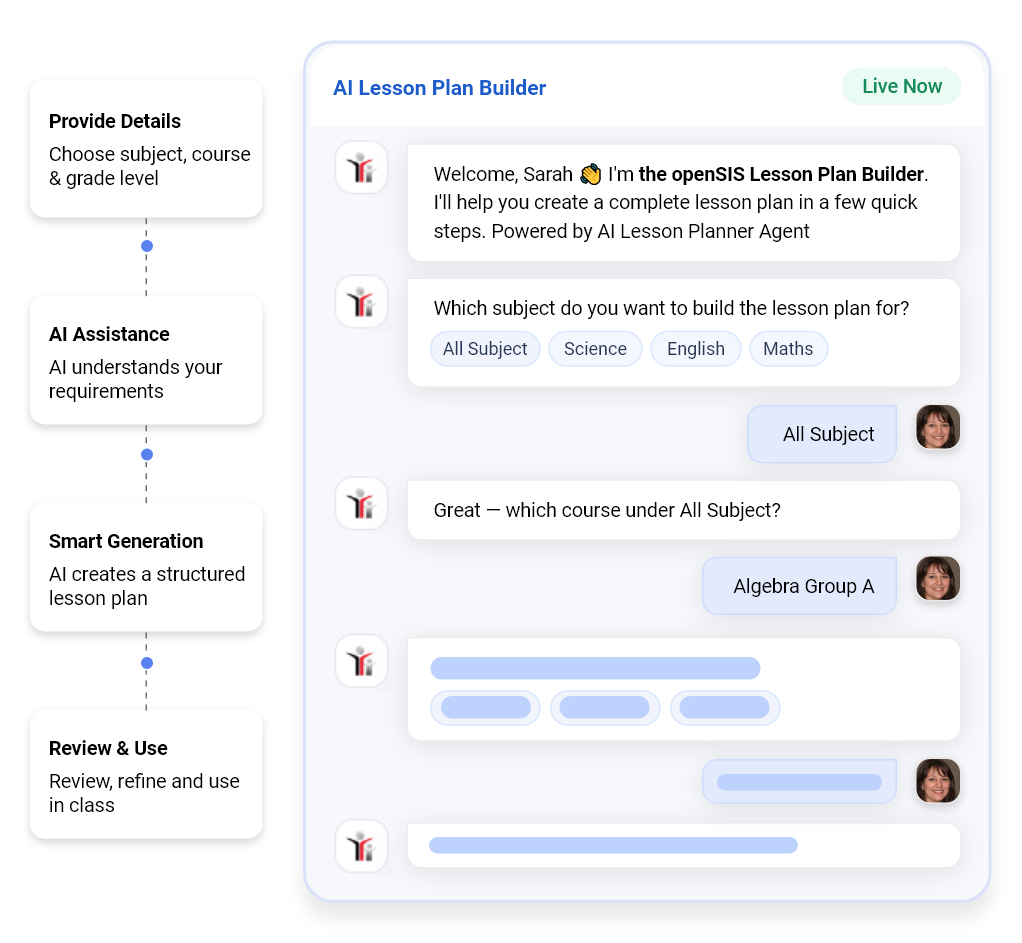 AI lesson plan builder chat interface showing subject selection, course choice, and lesson plan generation steps.