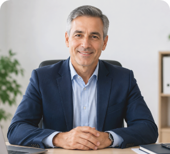 Smiling middle-aged man in a navy suit sitting at a desk with hands folded, office background.