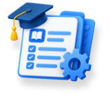 Icon of a document with checklist, gear, and graduation cap representing curriculum building or education.